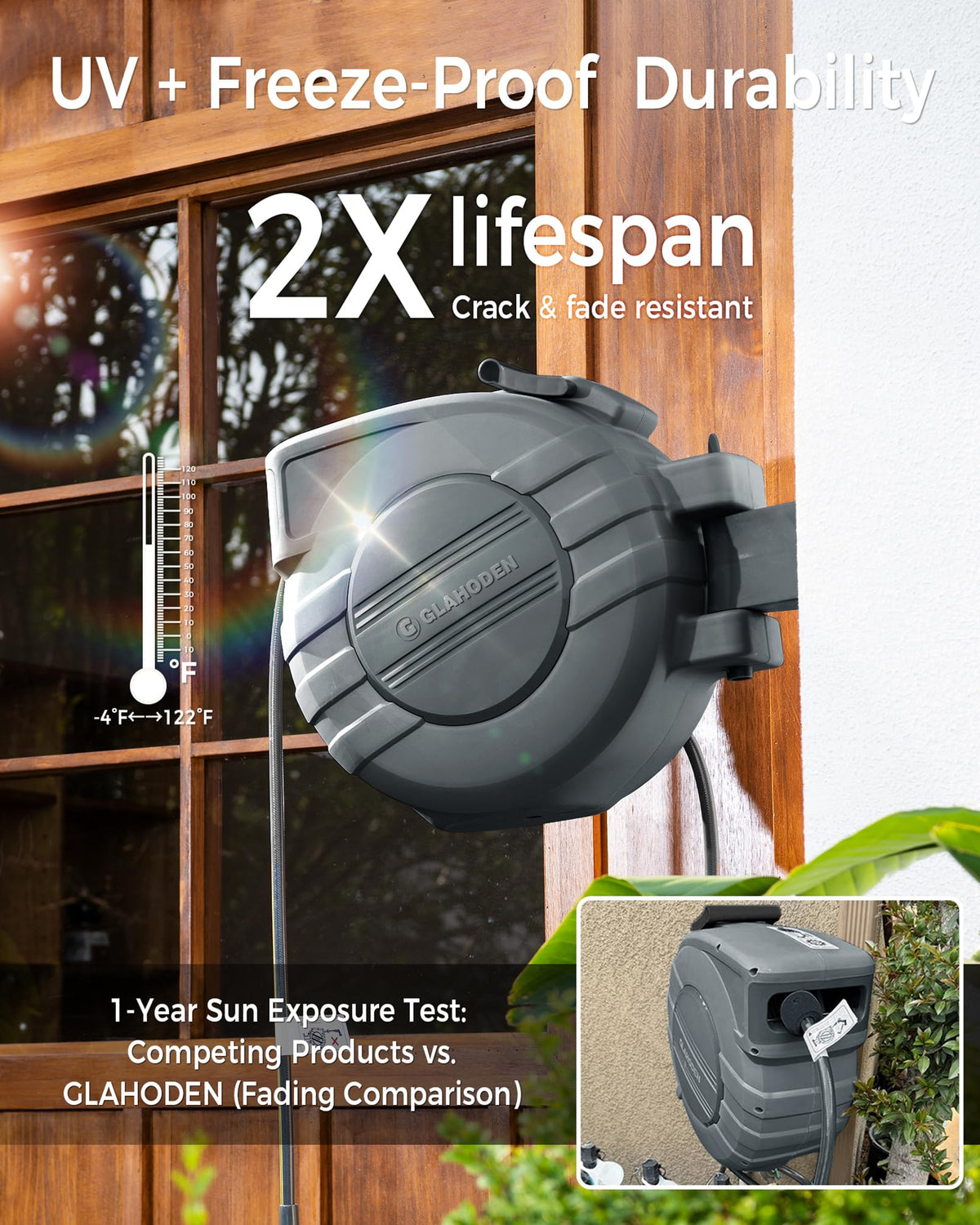 GLAHODEN 100ft retractable hose reel extended for efficient large-yard watering.