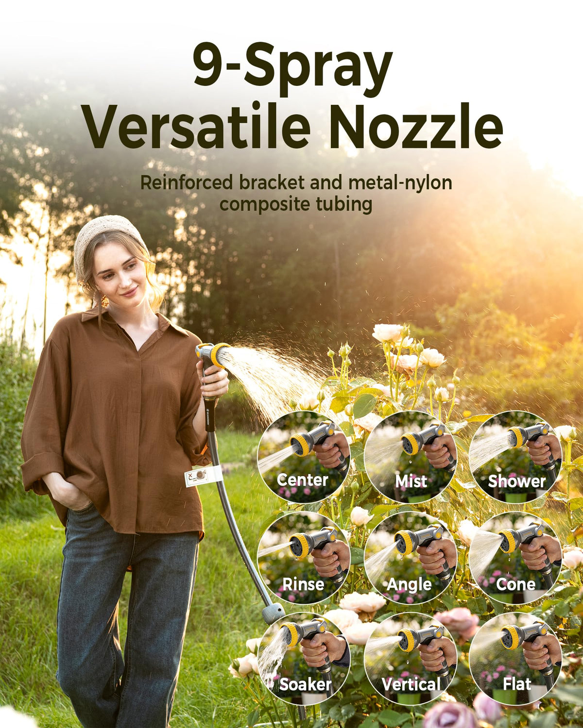 GLAHODEN nine-pattern nozzle adaptable for watering and cleaning tasks.