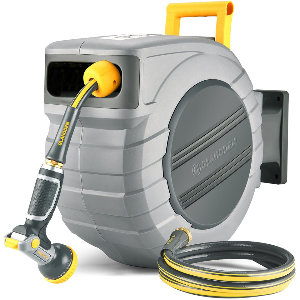 GLAHODEN retractable hose reel 115ft front view for easy garden watering and space savings.