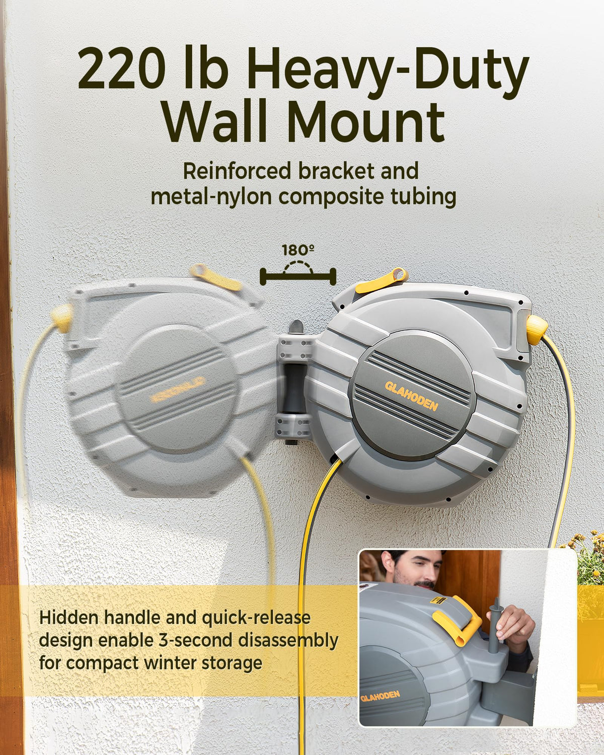 GLAHODEN heavy-duty wall mount with quick-release for winter storage.
