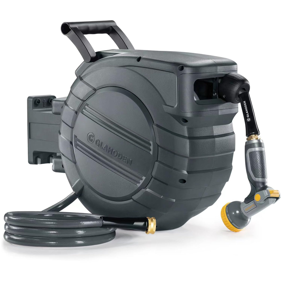 GLAHODEN wall-mount hose reel setup for easy garden access and tidy storage.