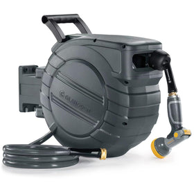 GLAHODEN wall-mount hose reel setup for easy garden access and tidy storage.