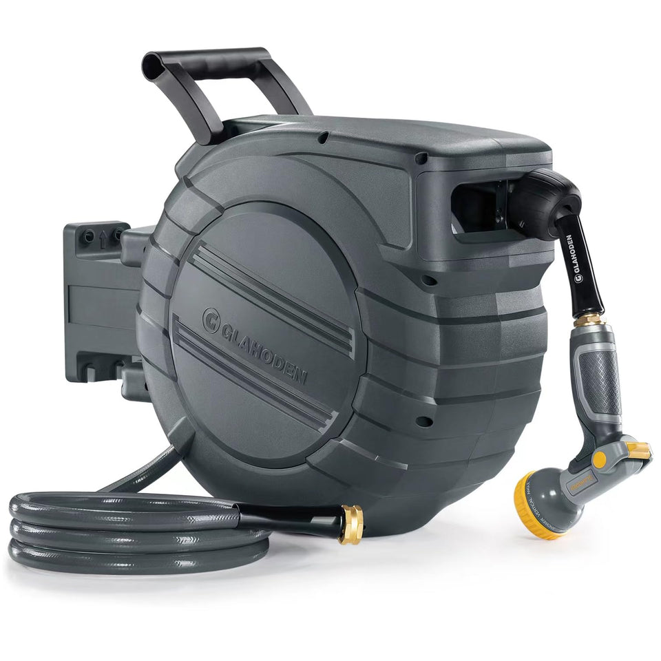 GLAHODEN wall-mount hose reel setup for easy garden access and tidy storage.