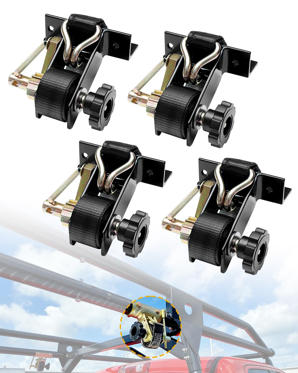 Gledewen ladder rack ratchet straps with J hooks securely fasten cargo on a rack.