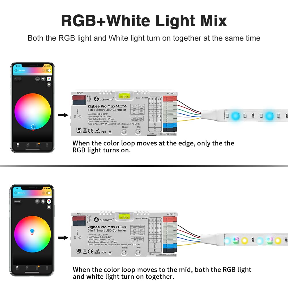GLEDOPTO ZigBee 3.0 controller color-mix mode visual demonstrates 16M colors and dimming