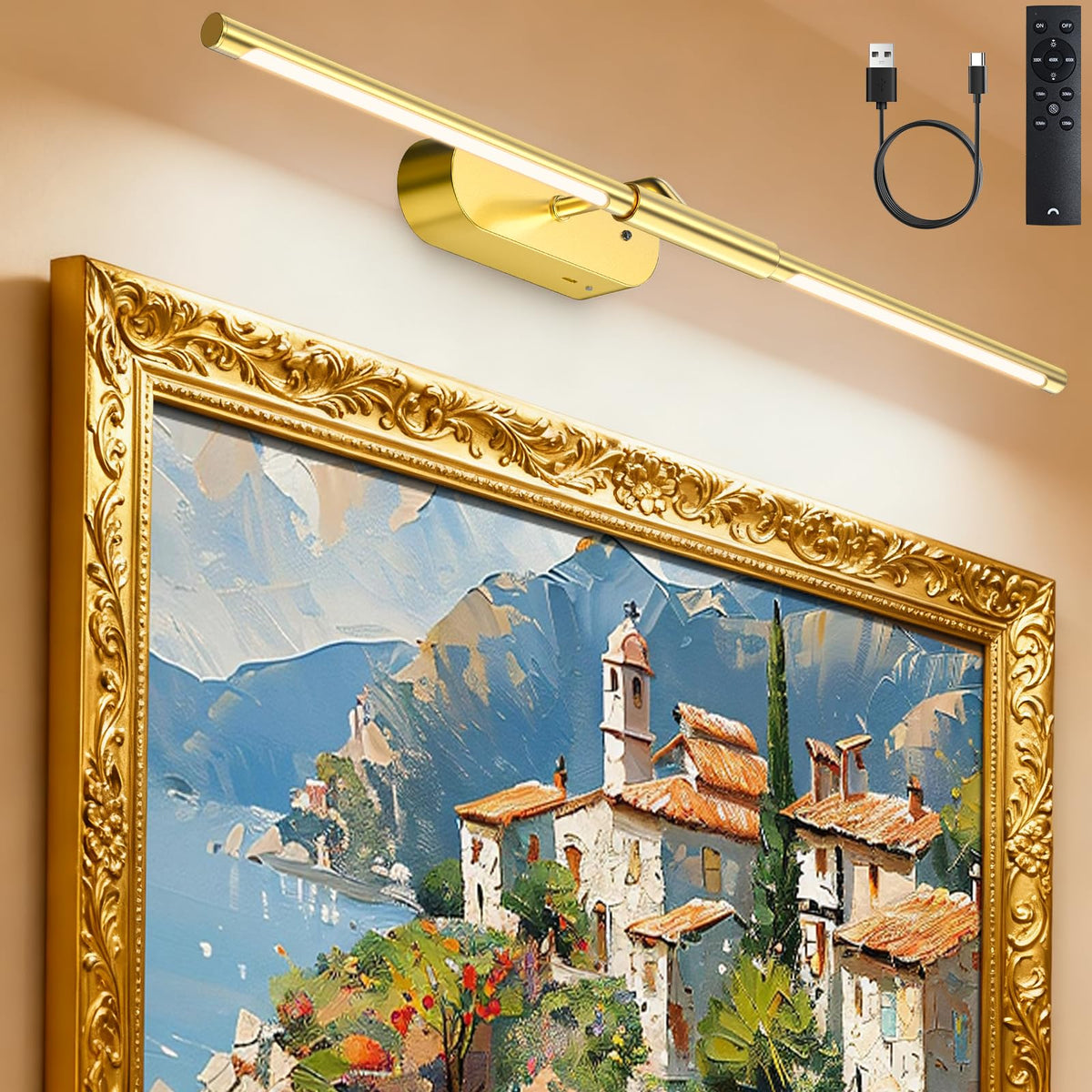 Glendan 24in wireless picture light bar provides even illumination for wall art.