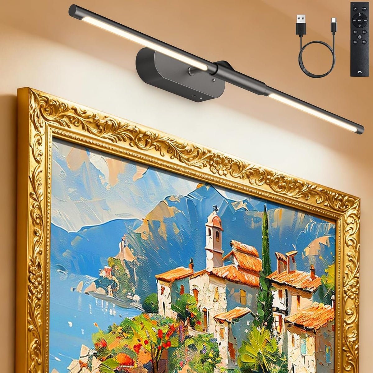 Glendan 24-inch rechargeable picture light mounted on wall for even, color-accurate art illumination
