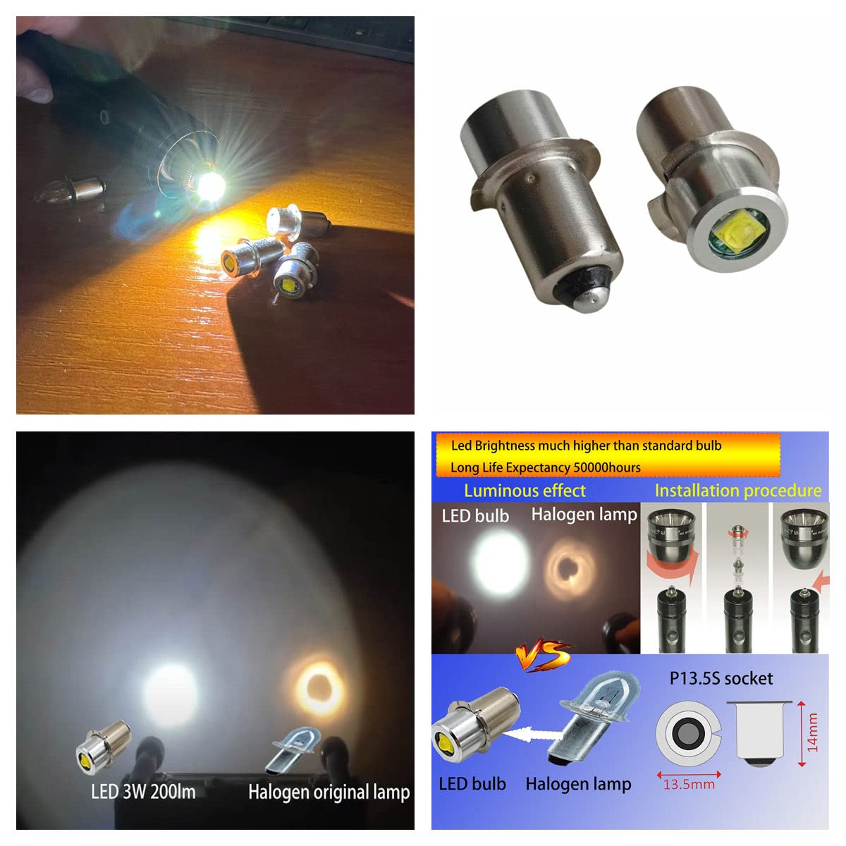 GLGYCB P13.5S PR2 LED bulbs four-pack ready for multi-flashlight replacement.