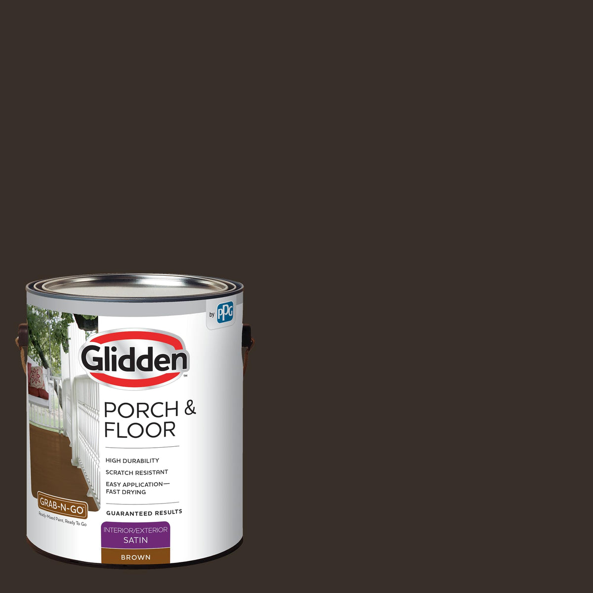 Glidden Grab-N-Go brown porch and floor paint can for durable outdoor projects.
