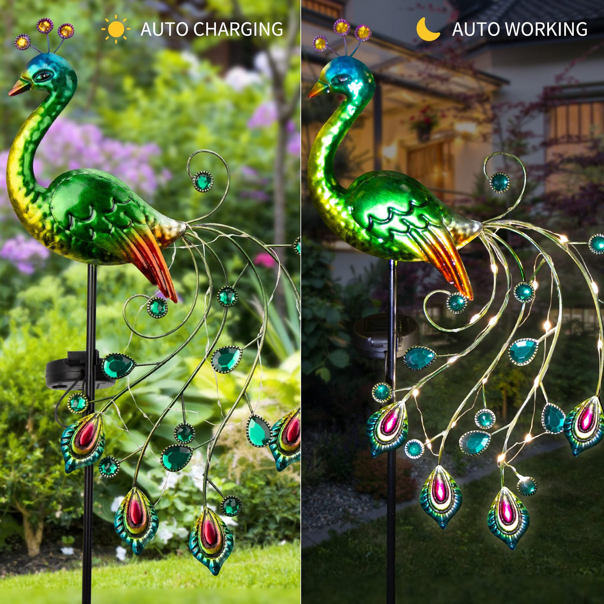 Glintoper green peacock figurine with LED tail enhances outdoor curb appeal.