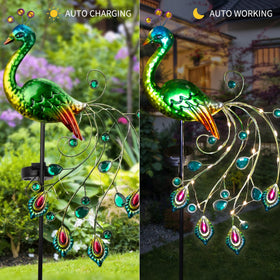 Glintoper green peacock figurine with LED tail enhances outdoor curb appeal.