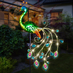 Glintoper solar garden peacock stake stands 39 inches tall and lights your yard at dusk.