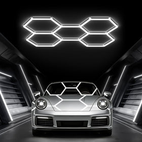 Glitgate hexagon LED garage light front view showing brightness and design
