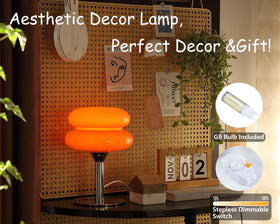 Egg Tart glass shade casts soft ambient light on a nightstand