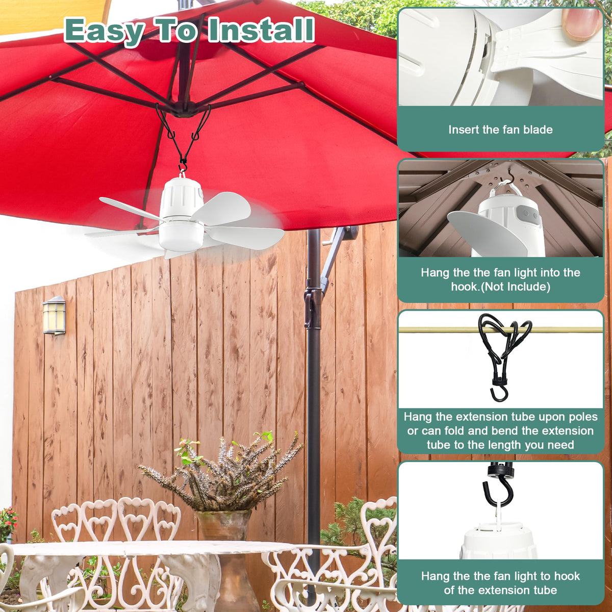 Gliztech Canopy Fan hanging installation with a top hook for easy setup