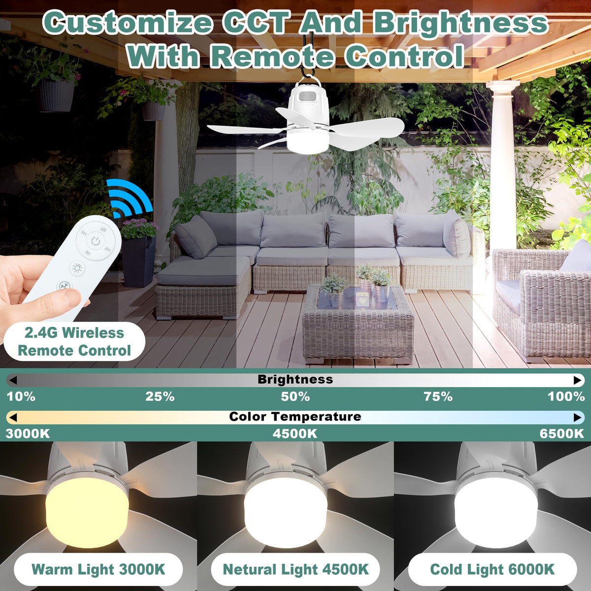 Gliztech lighting shows CCT and brightness options from warm to cool white.