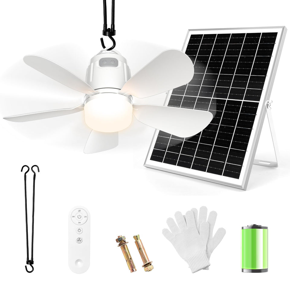 Gliztech solar ceiling fan light package shown for patios and outdoor spaces.