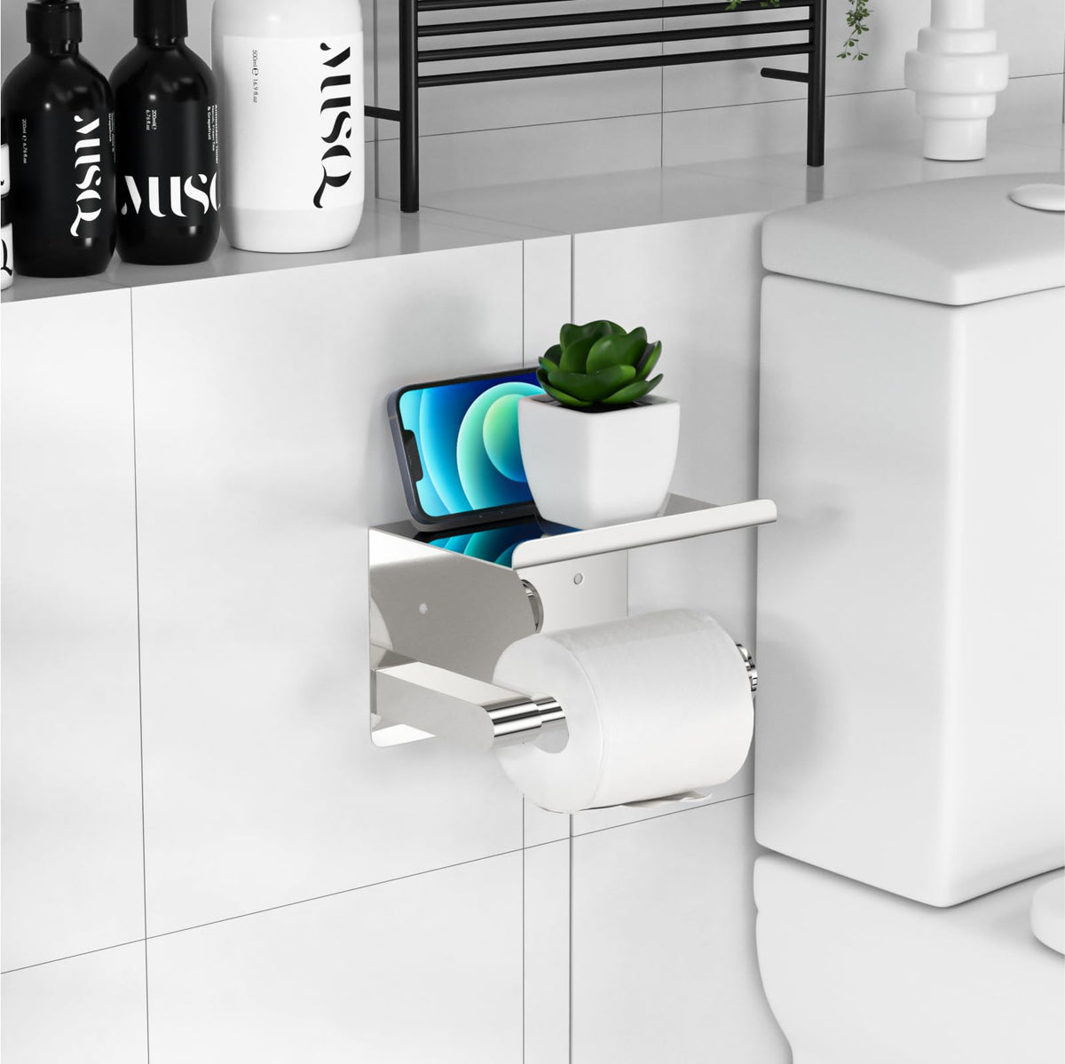 GLNLQ toilet paper holder offers self-adhesive or drilled installation.