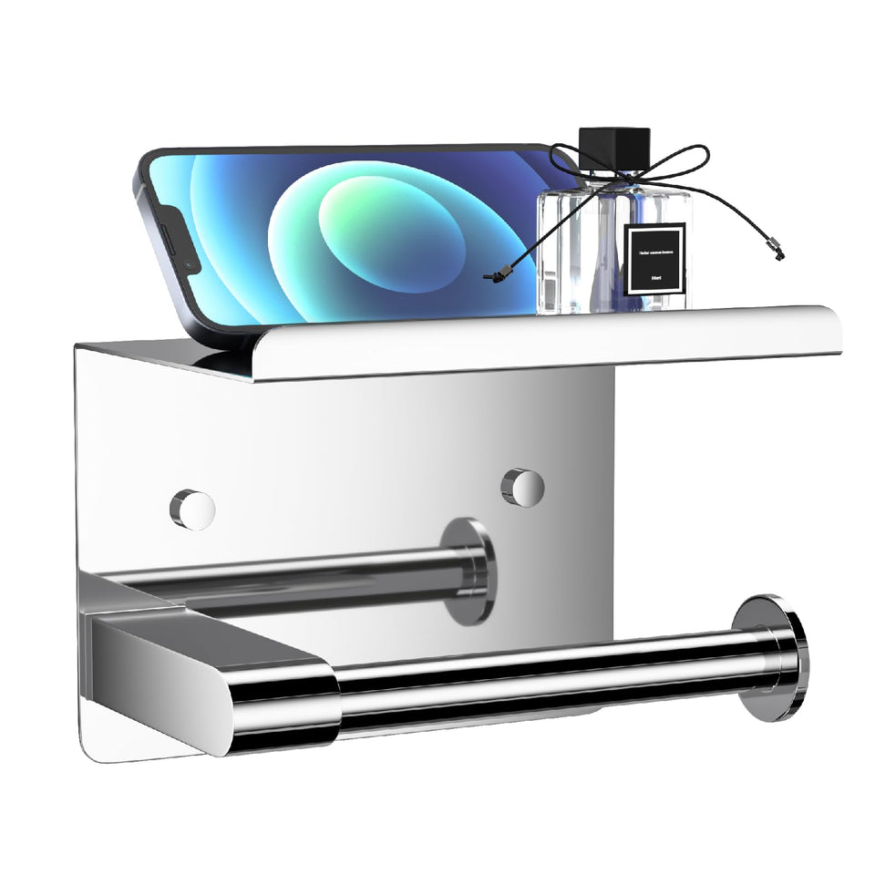 GLNLQ chrome toilet paper holder with shelf wall-mount design for easy access.
