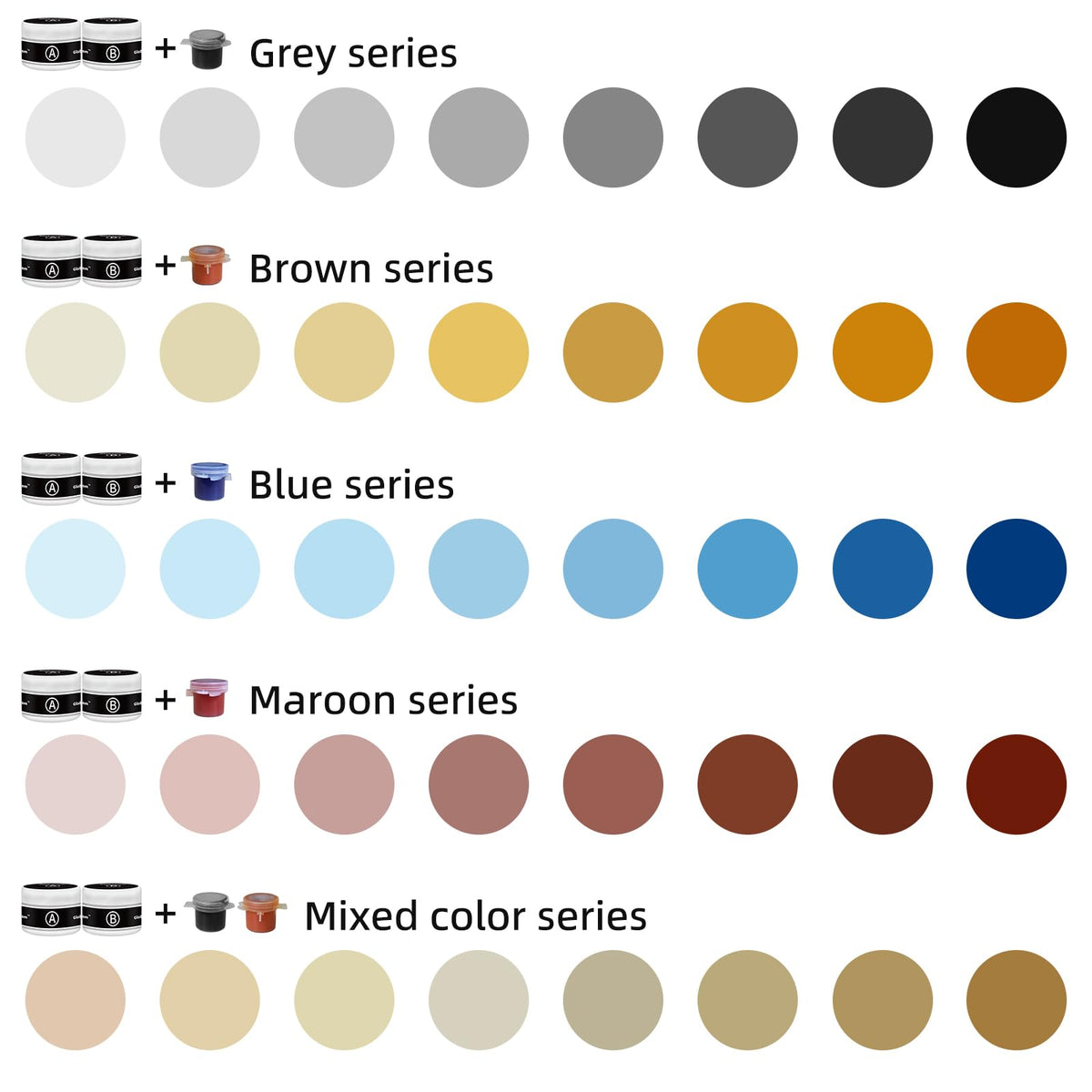 Globalcom color gel swatches showing versatile shade options for stone repairs.