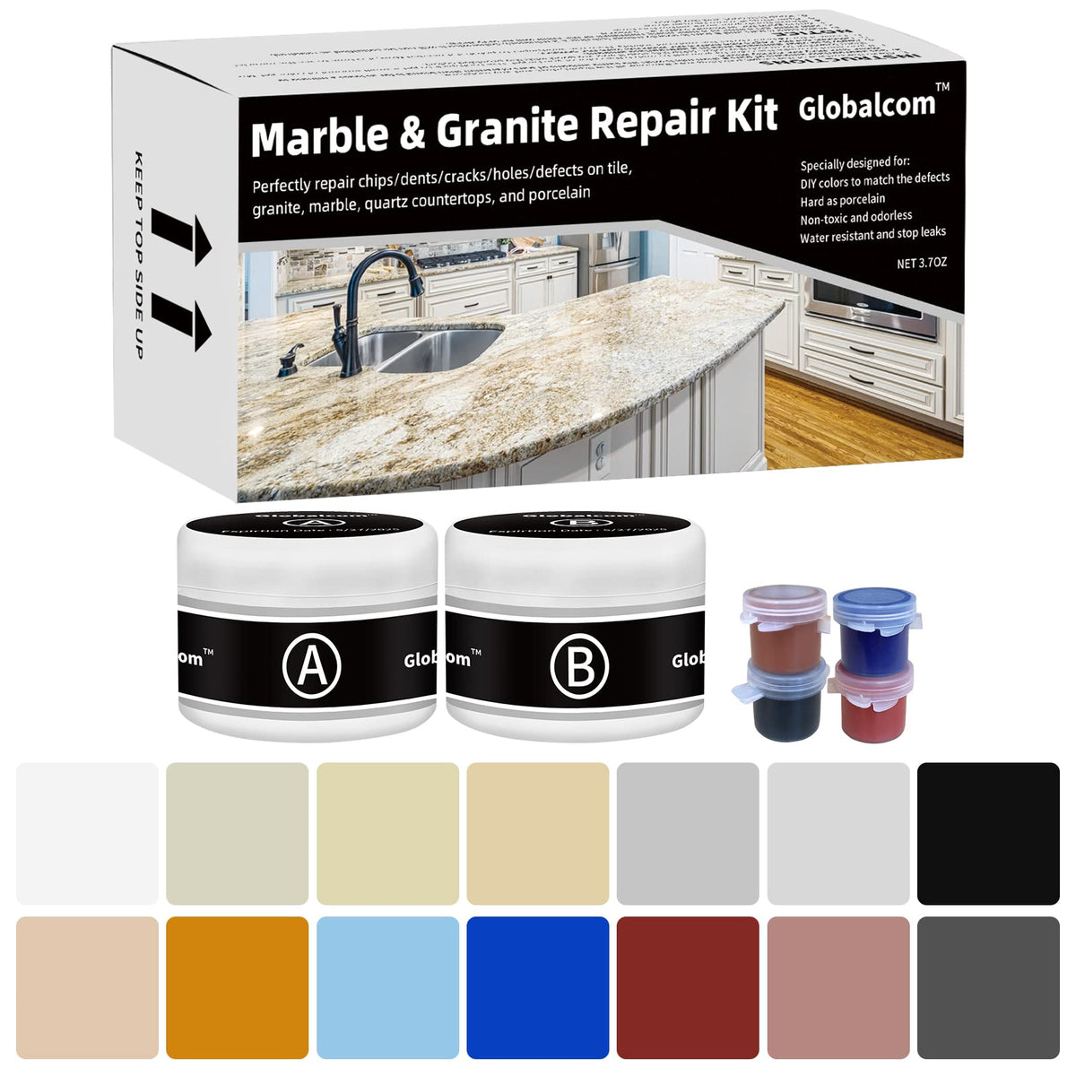 Globalcom Marble Repair Kit fixes porcelain chips for a seamless look.