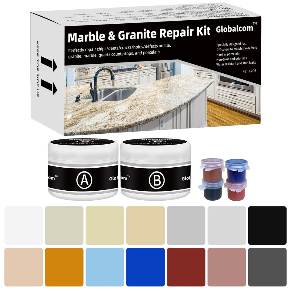 Globalcom Marble Repair Kit fixes porcelain chips for a seamless look.