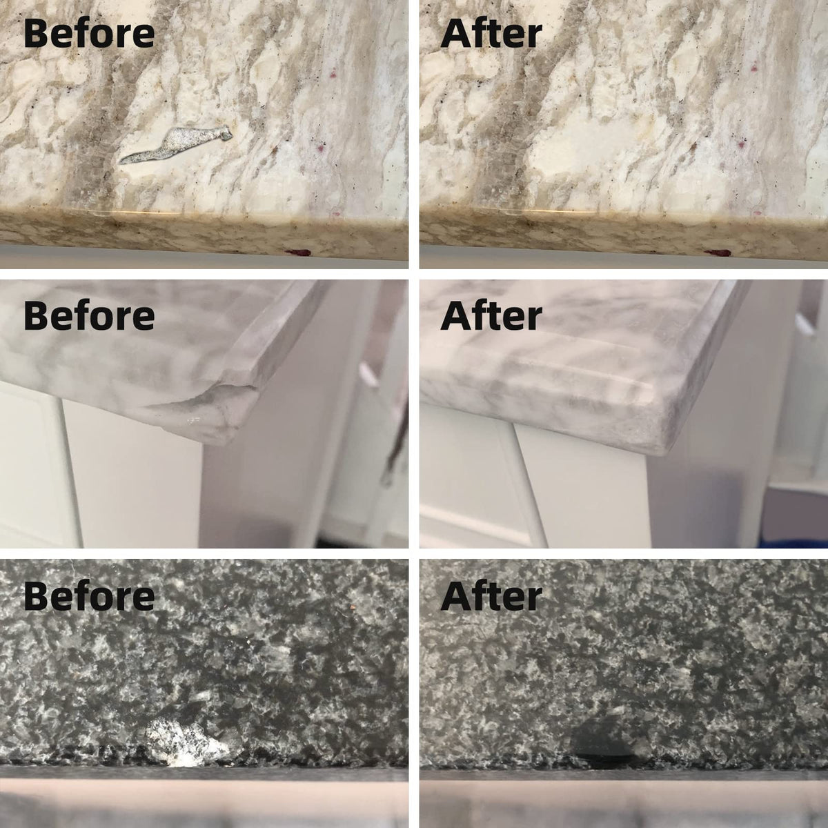 Globalcom Marble Repair Kit fills quartz surface dents with a durable finish.