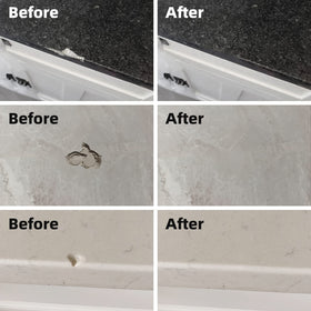 Globalcom porcelain and stone repair application on surface with seamless blending.