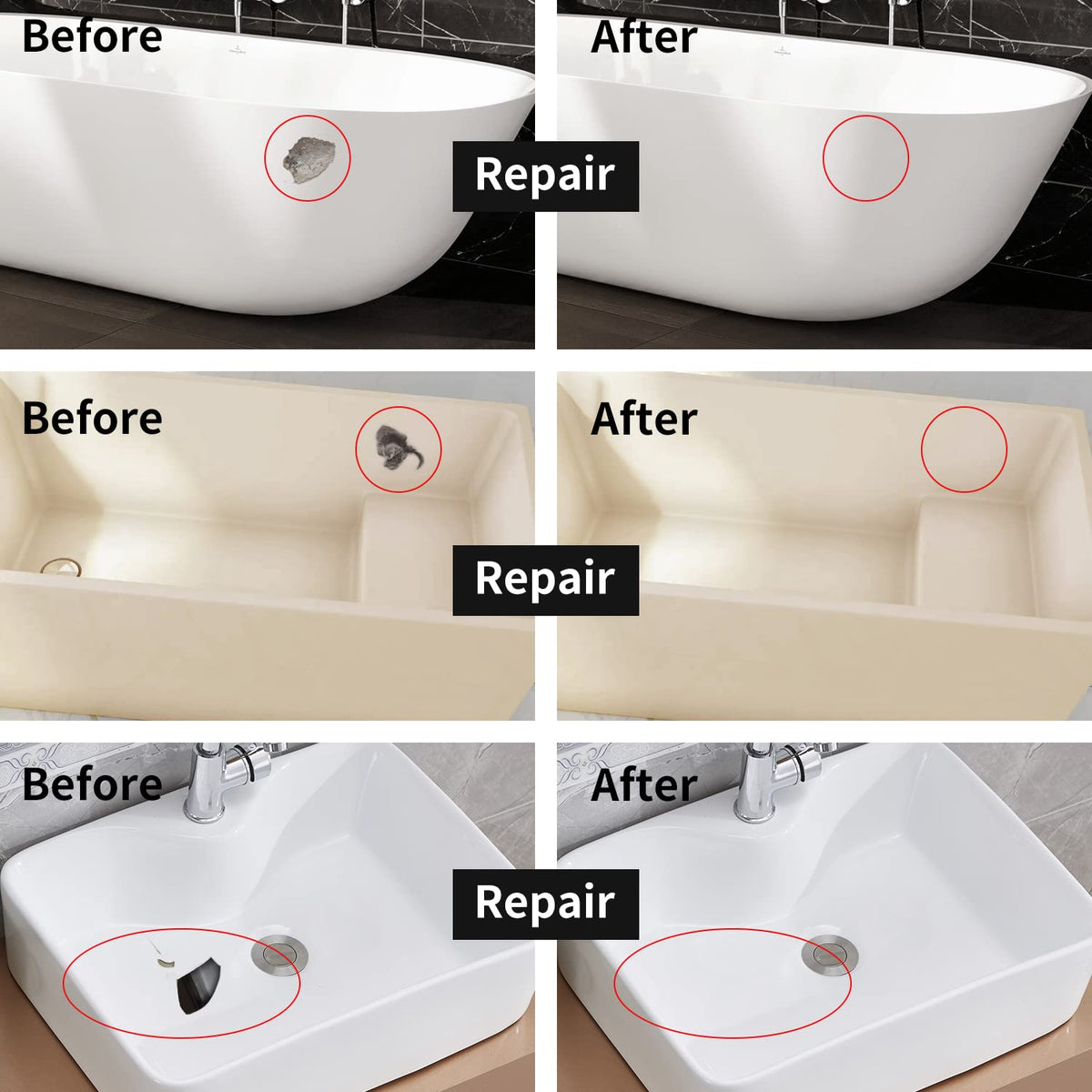 Globalcom porcelain repair paste application on tub surface for smooth repair.
