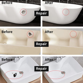Globalcom porcelain repair paste application on tub surface for smooth repair.