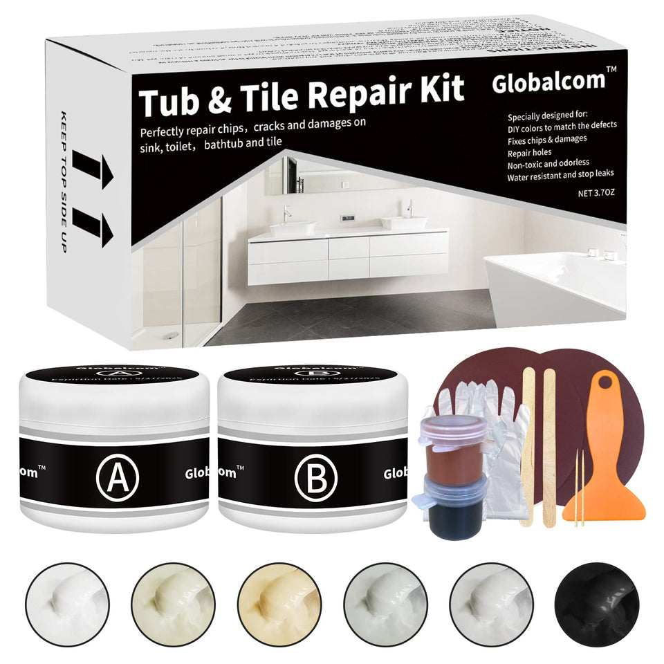 Globalcom tub repair kit color-match swatches for a near-invisible finish.