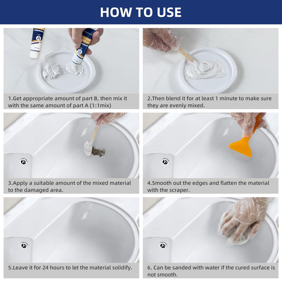 Globalcom Tub Repair Kit Dry Finish demonstrates curing to a firm surface.