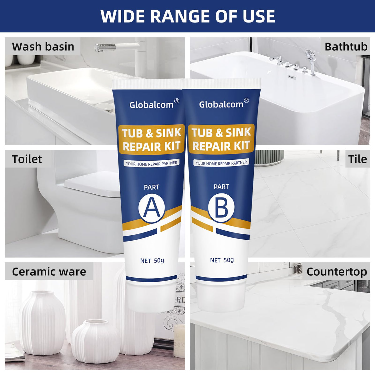 Globalcom Tub Repair Kit scenarios in bathroom show practical fixes.