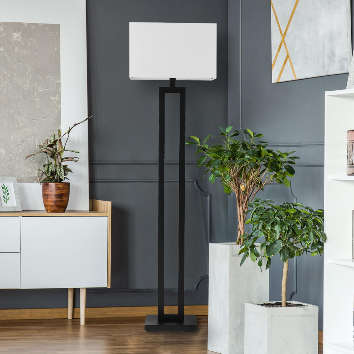 Globe Electric 67046 matte black frame with geometric cutouts adds modern sophistication.