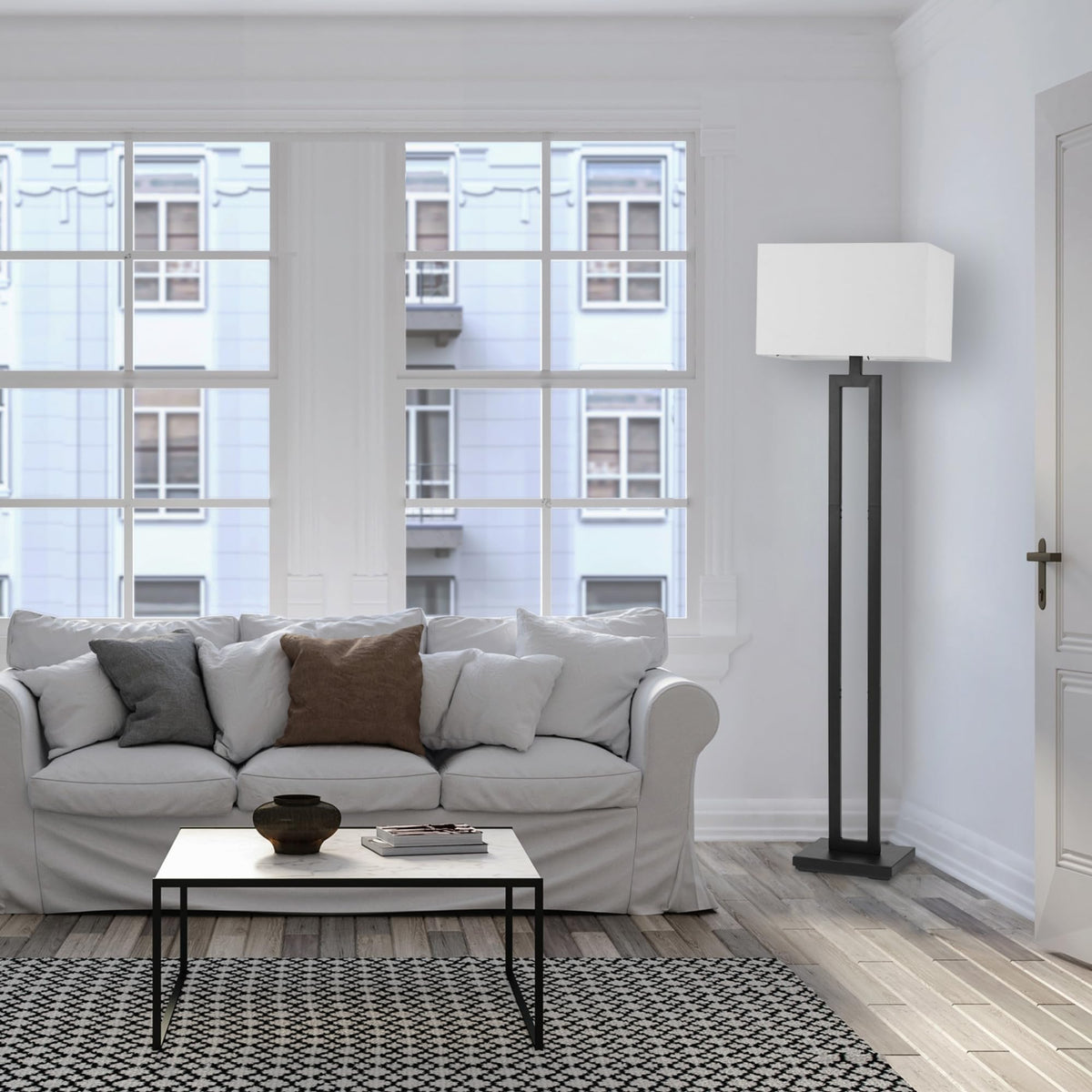 White linen shade on Globe Electric 67046 diffuses light gently.
