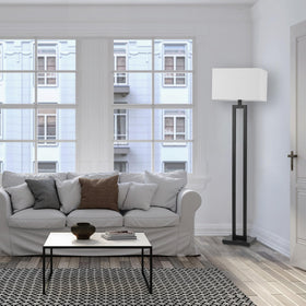 White linen shade on Globe Electric 67046 diffuses light gently.