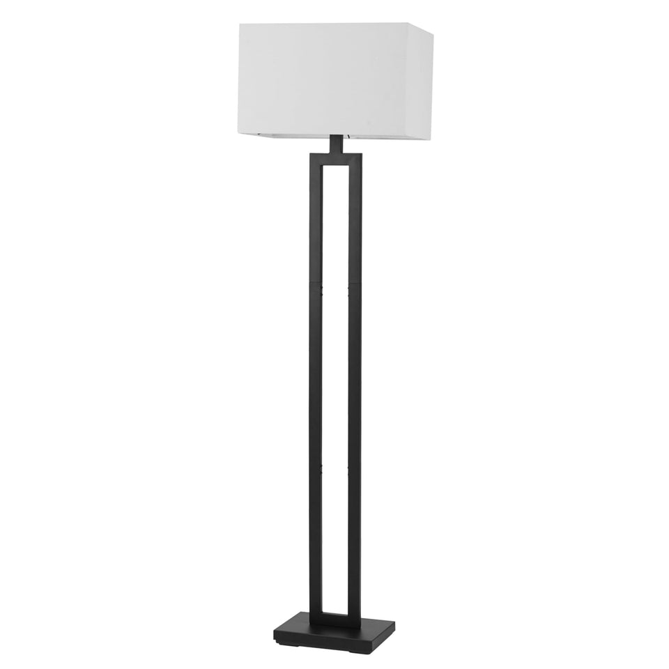 Globe Electric 67046 floor lamp in matte black with white linen shade for cozy, diffused lighting.