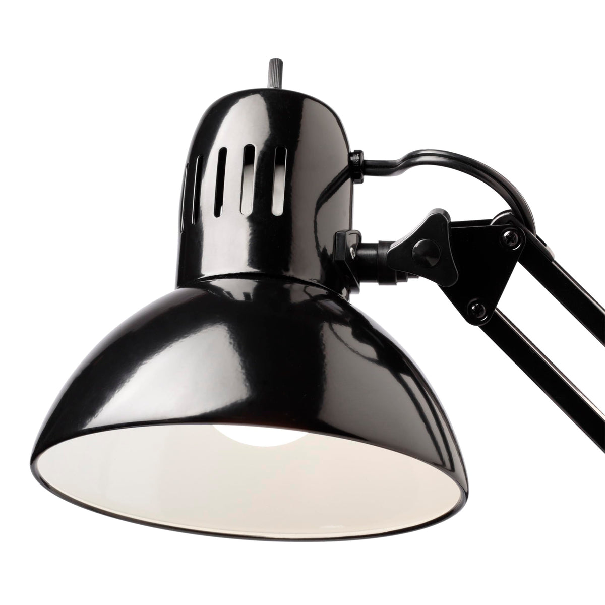 Black finish Globe Electric Architect lamp adds contemporary style to workspace.