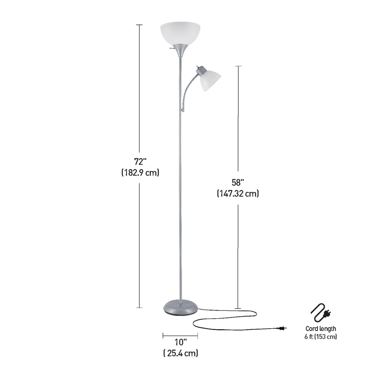 72-inch tall lamp fits corners and desks.