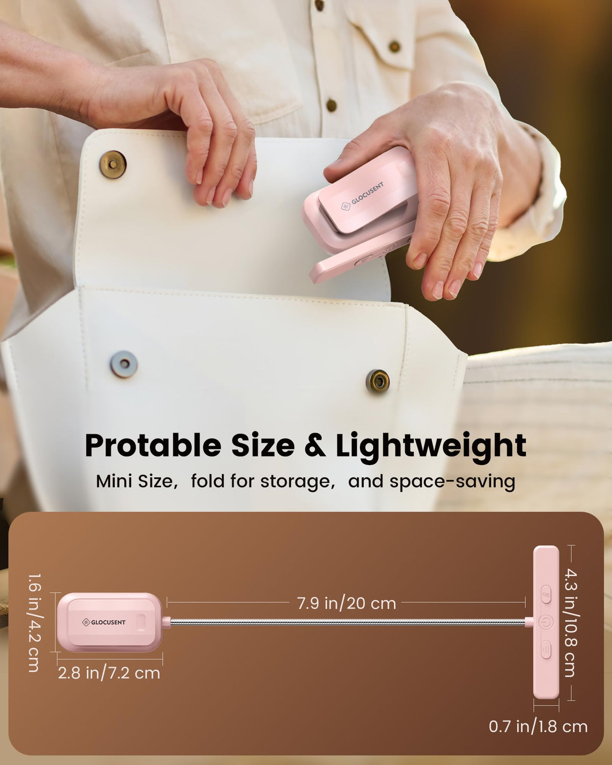 Glocusent clip-on book light is portable and travel-ready for on-the-go reading.
