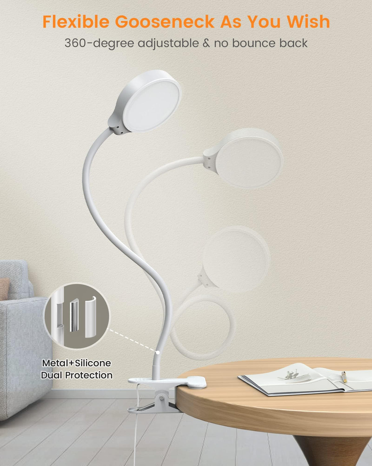 Glocusent 360-degree gooseneck clip-on light with flexible positioning