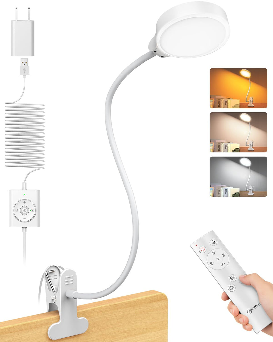 Glocusent 5W clip-on bed light attached securely to a headboard, ready for reading