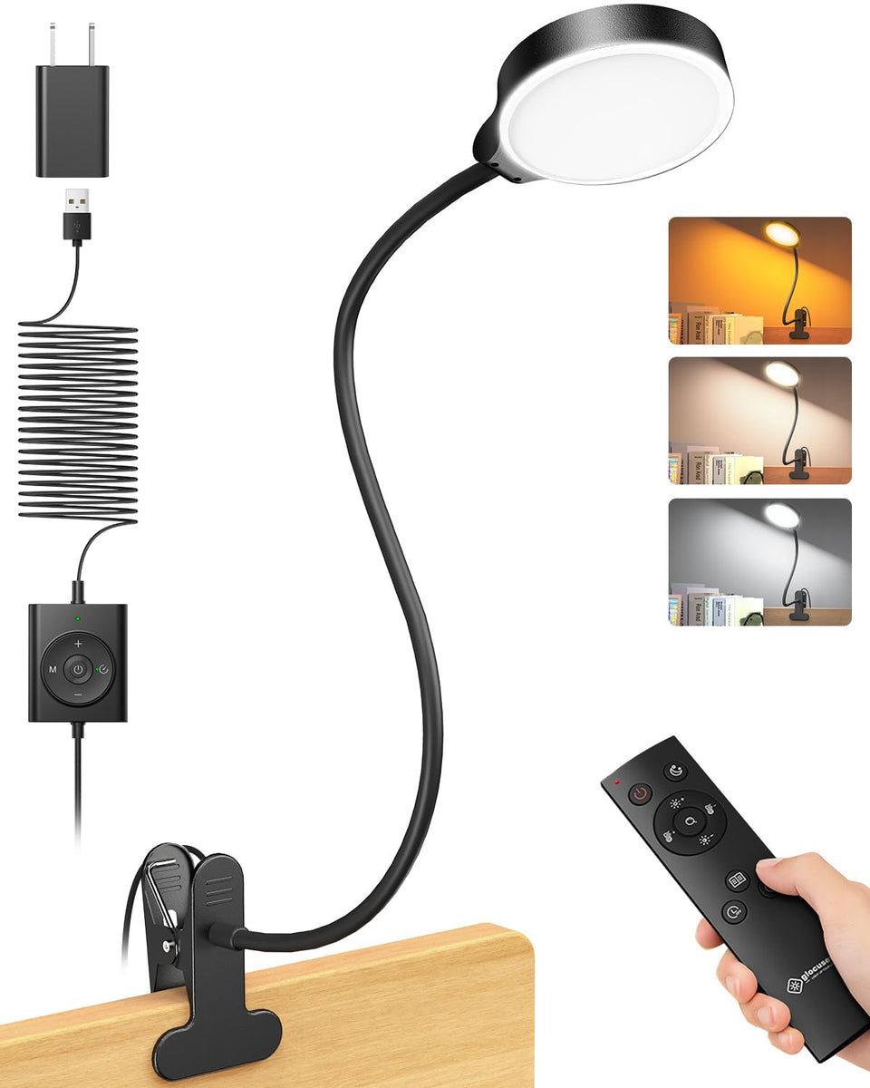 Glocusent 5W clip-on reading light secured on a bedside surface for easy late-night reading