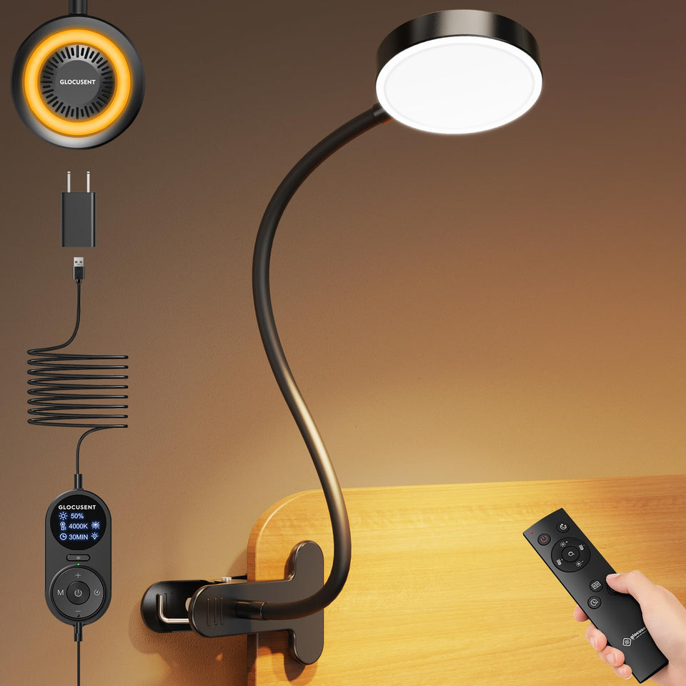 Glocusent 72 LED clip-on lamp with amber ring offers warm, eye-friendly light for nighttime reading.