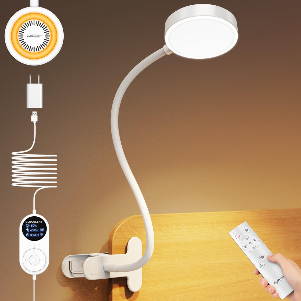 Glocusent 72LED clip-on light with amber ring lights pages evenly for bedtime reading.