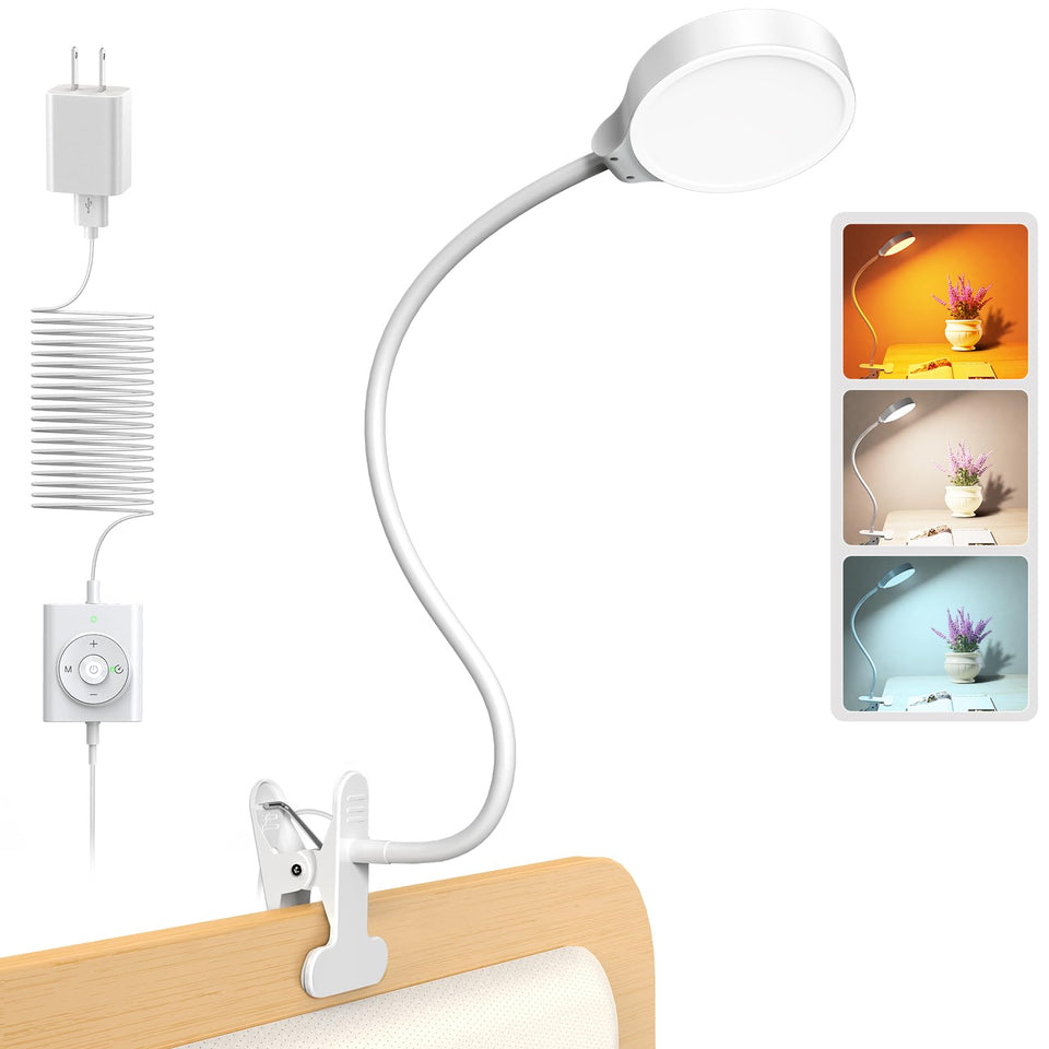 Glocusent bed clip light close-up showing a sturdy clip for secure bedside lighting.