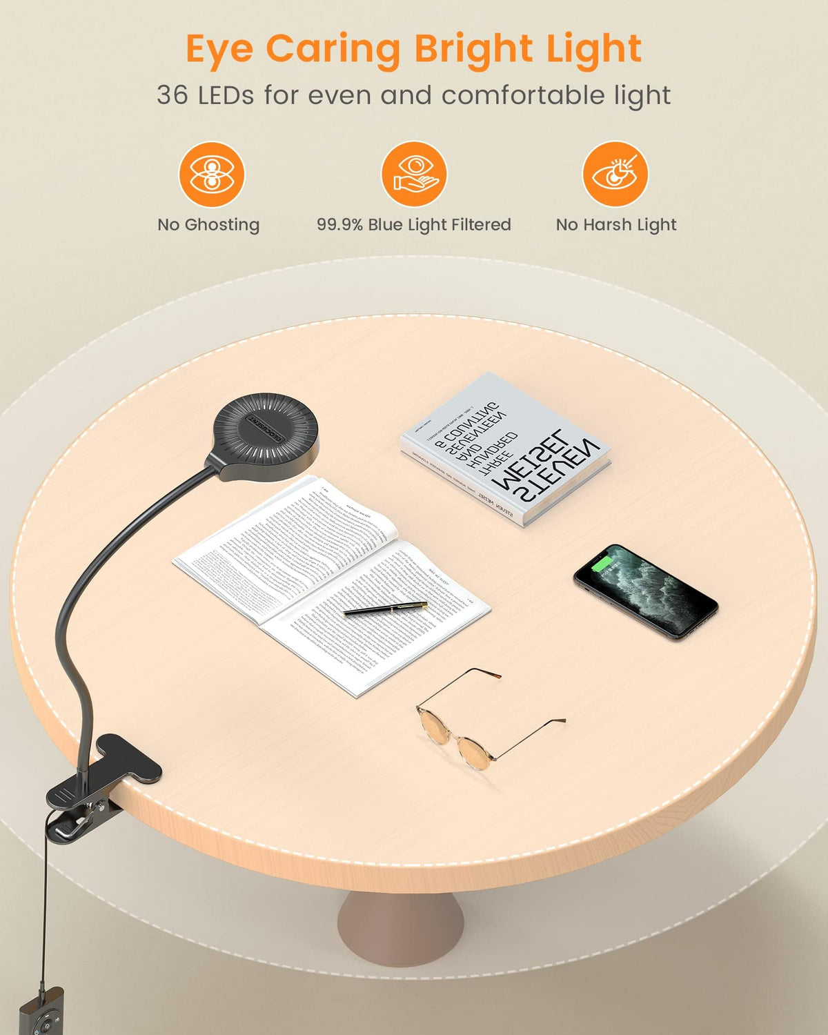 Glocusent bed-reading-light showing three color modes suitable for reading and crafting