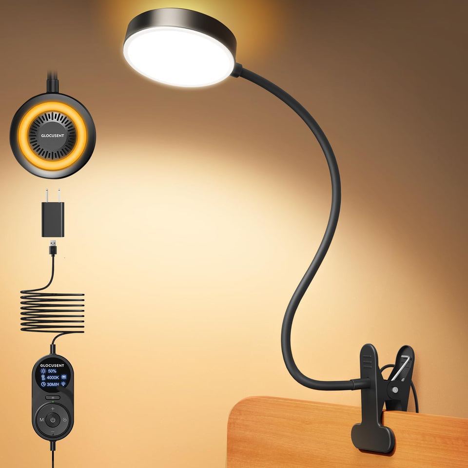 Glocusent Clip-On Light mounted on a headboard provides steady bed reading.