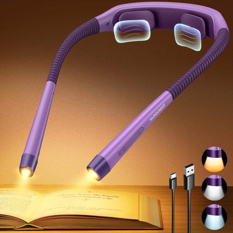 Glocusent ergonomic reading light close-up showing neck pad comfort for extended reading
