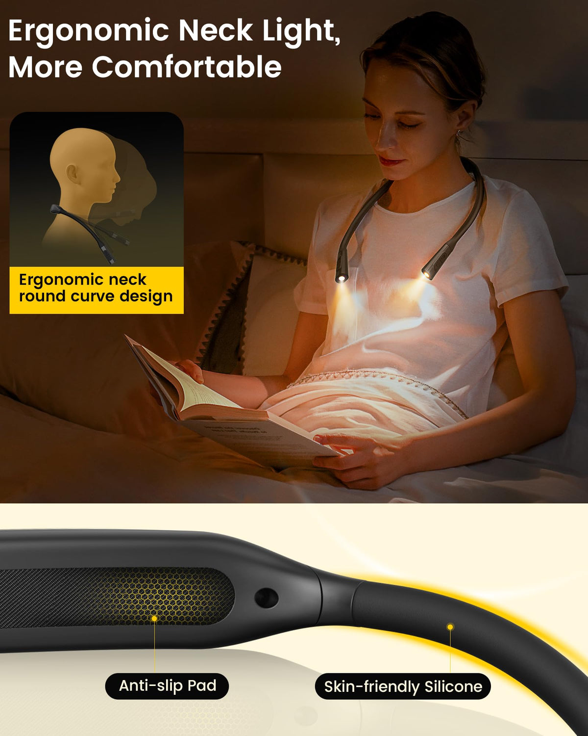 Glocusent neck book light extended arm angle enables precise positioning for night reading.